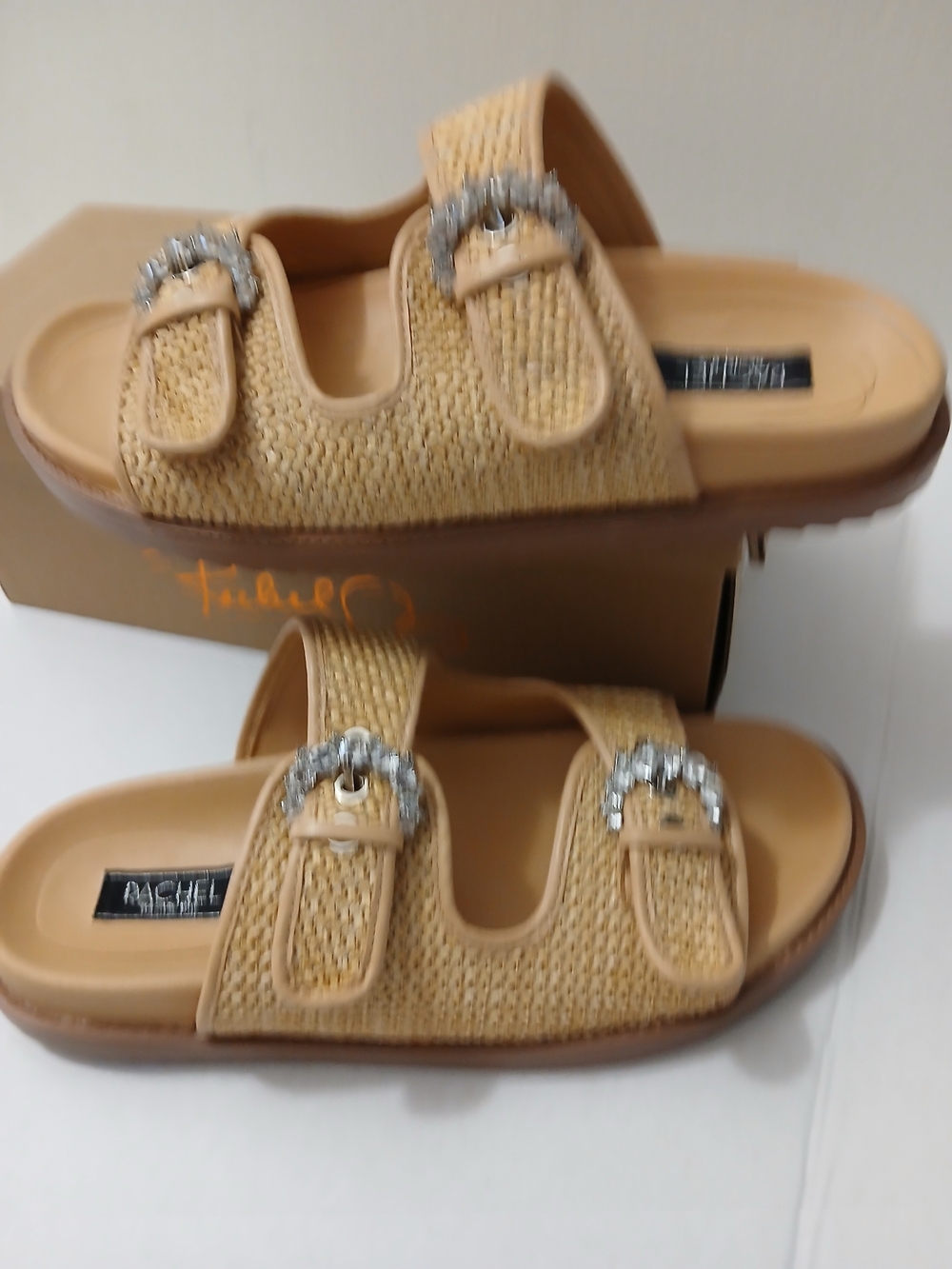 Rachel Roy  Tan Woven Slide Sandals with Crystal Buckles Multiples Sizes New $25 - Picture 8 of 10